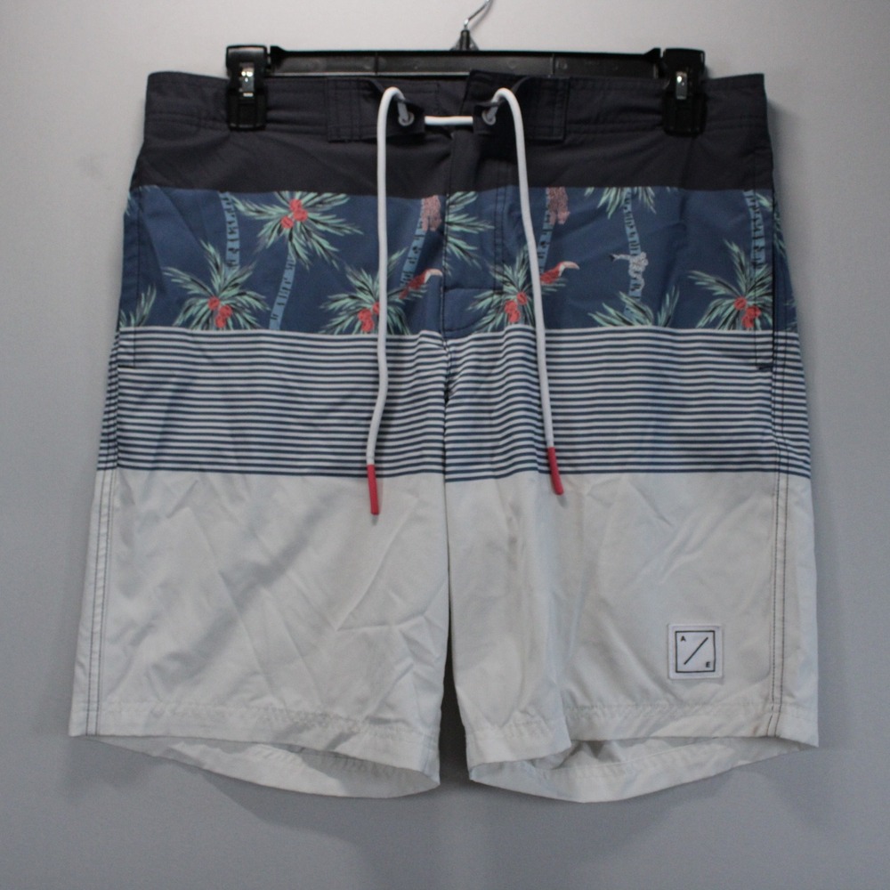 American Eagle Mens M Tropical Palm Stripe Colorblock Surfer Board Shorts Blue